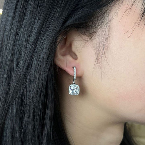 Square Halo Moissanite Drop Earrings
